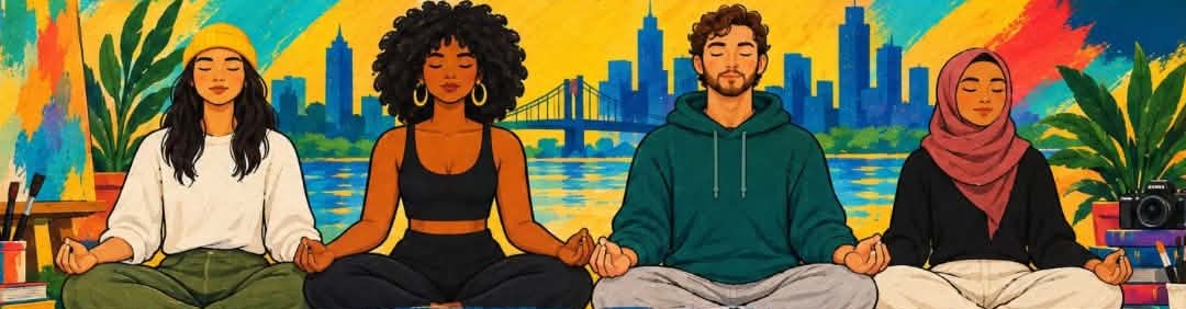 Painted illustration of four friends meditating in front of a city skyline and bridge