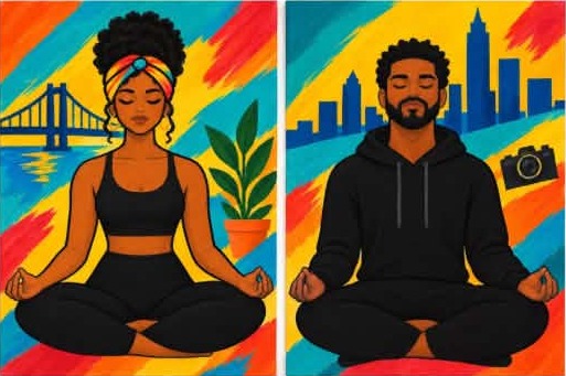 Two sample paintings: a woman and a man meditating in front of colorful city scenes